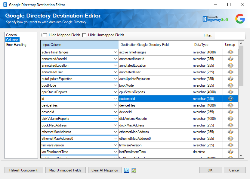 Google Directory Destination component - Columns